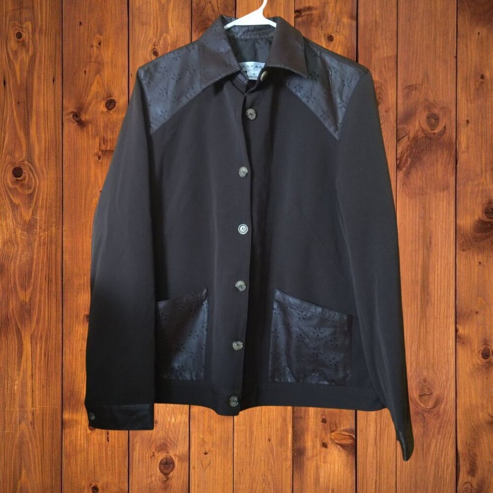 RAFAEL SIZE 12 BUTTON FRONT FAUX LEATHER ACCENT JACKET BROWN POCKETS NEW